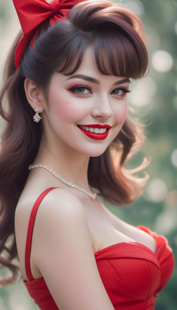 Portrait of beautiful asian woman in red dress with red lipsの素材