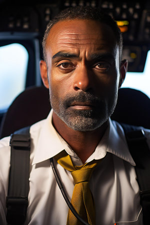 Portrait of confident pilot sitting in airplane cabin and looking at cameraの素材