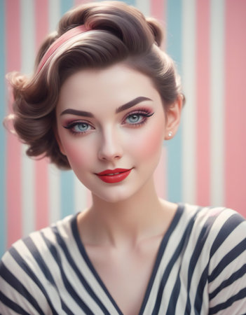 Portrait of beautiful young woman with makeup and hairstyle. Retro style.の素材
