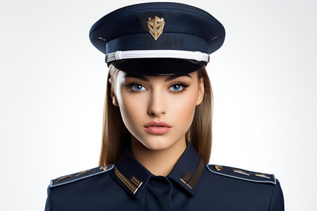 Portrait of a beautiful young woman in police uniform on white backgroundの素材