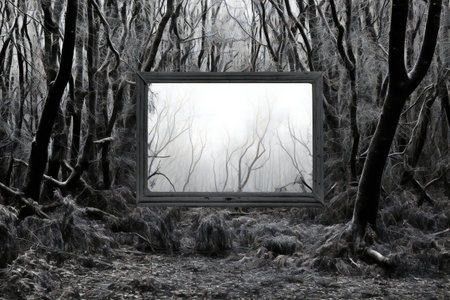 Empty photo frame in the forest at foggy day. Halloween conceptの素材