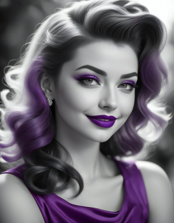 Portrait of beautiful young woman with purple hair and professional make-upの素材