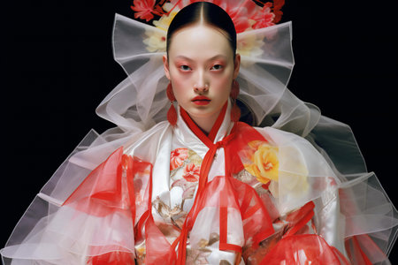 Beautiful Japanese woman in a kimono on a black backgroundの素材