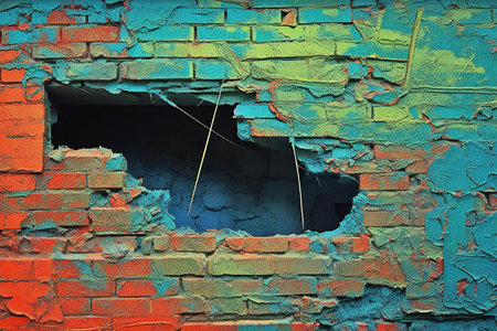 Broken brick wall with blue and orange paint. Background texture.の素材