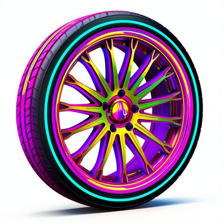 Car wheel isolated on white background. Neon colors.の素材