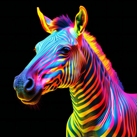 Portrait of a zebra on a black background in neon lightの素材