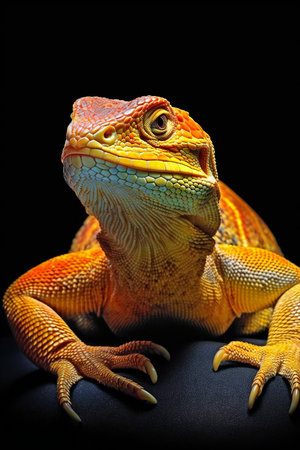 Portrait of a bearded dragon on a black background. Studio shot.の素材