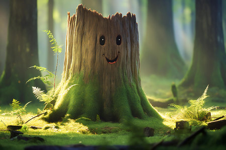 Fantasy green forest with a smiley face on a tree stumpの素材