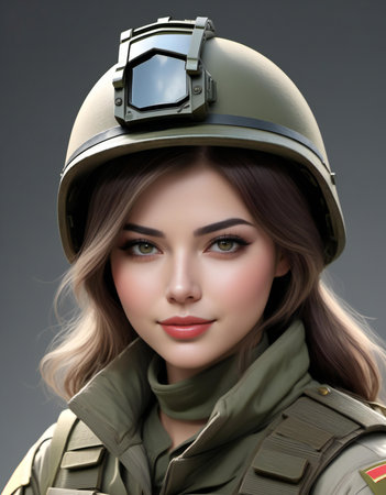 Beautiful girl in a military uniform. Girl in a military helmet.の素材
