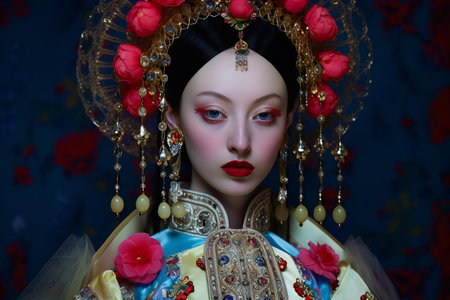 Traditional japanese doll with red lips and jewelry on dark backgroundの素材
