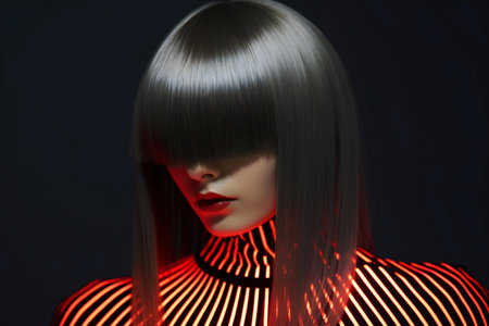 a beautiful woman with red light on her hairの素材