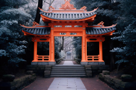 Beautiful red gate in a Japanese temple in the middle of the forestの素材