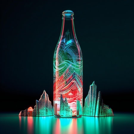 illustration of glass bottle with city hologram on dark backgroundの素材