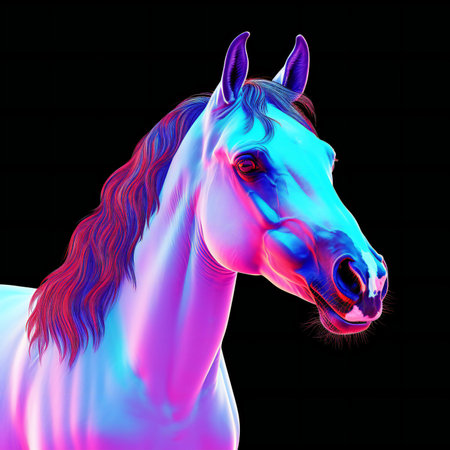 Horse head with pink mane on black background.の素材