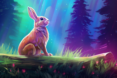 Illustration of a cute rabbit sitting on the grass in the forestの素材