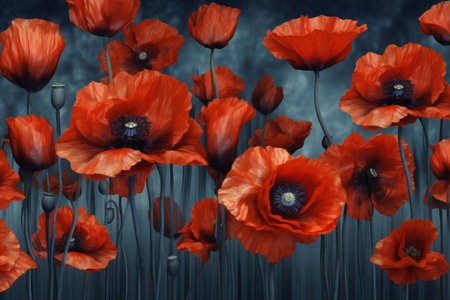 Red poppies on dark blue background.の素材