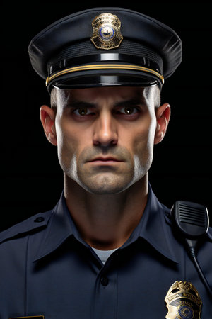 Close-up portrait of a policeman on a black background. Studio shot.の素材