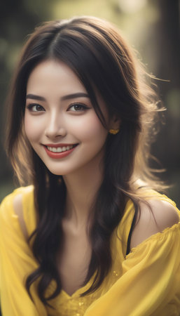 beautiful asian woman in yellow dress smile and looking at cameraの素材