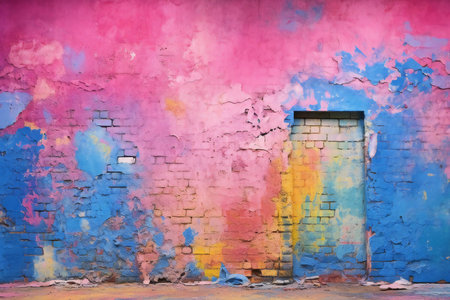 Old brick wall with blue and pink paint. Abstract grunge backgroundの素材