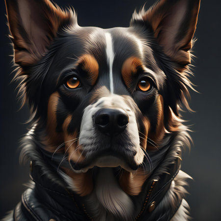 Portrait of a dog in a leather jacket on a dark background.の素材