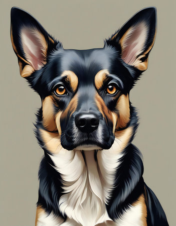 Portrait of a German Shepherd dog on a gray background.の素材