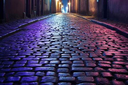 Old cobblestone street at night in the old town of Prague, Czech Republicの素材