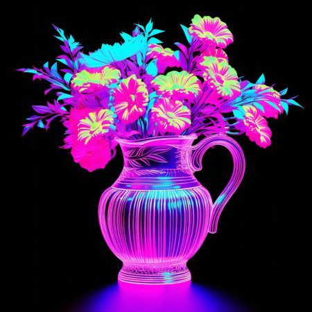 Vase with flowers on a black background. Neon effect.の素材