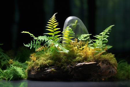 Glass vase with fern and moss on a black background.の素材