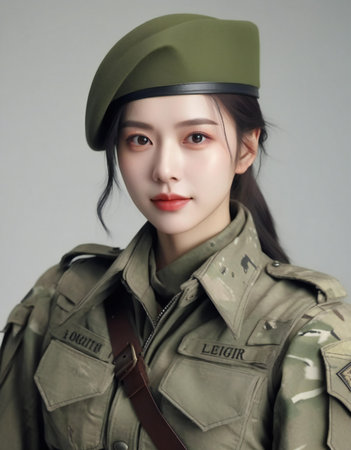 Beautiful asian woman in khaki military uniform, studio shotの素材