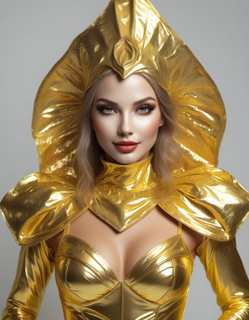Portrait of a beautiful blonde woman in a golden costume. Beauty, fashion.の素材