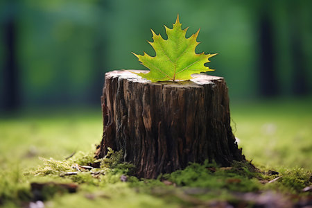 Autumn maple leaf on a stump in the forest. Autumn conceptの素材