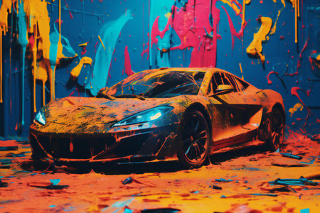 Artistic oil painting of a car on a background of colored wallの素材