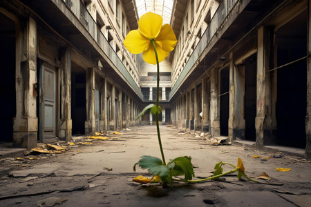 Yellow flower in a corridor of an abandoned building. Conceptual image.の素材