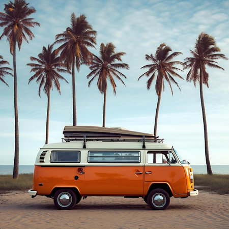 Vintage camper van on the beach with palm trees.の素材