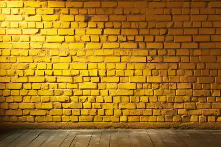 Yellow brick wall and wooden floor. Abstract background.の素材