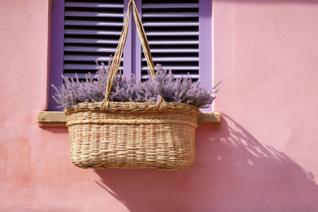 Wicker basket with lavender flowers on a pink wall, Greeceの素材