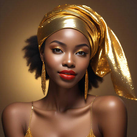 Beautiful african american woman with bright make-up and turban on headの素材