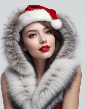 Beautiful young woman in Santa Claus hat. Portrait of beautiful girl in fur coat.の素材