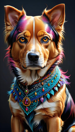 Portrait of a dog with a colorful necklaces and jewelry.の素材