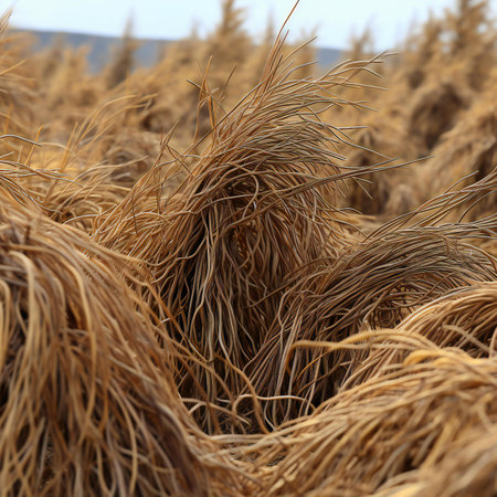 Rice field ready for harvesting, close-up of golden wheatの素材