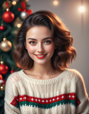 Portrait of a beautiful young woman in a christmas sweater.の素材