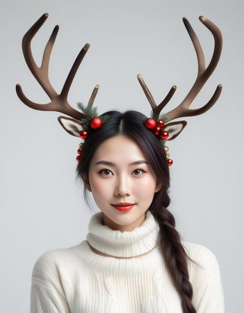 Portrait of a beautiful asian woman with christmas deer hornsの素材