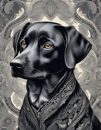 Portrait of a black dog with a pattern on the background.の素材
