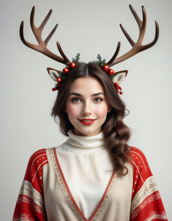 Beautiful young woman in christmas costume with reindeer hornsの素材