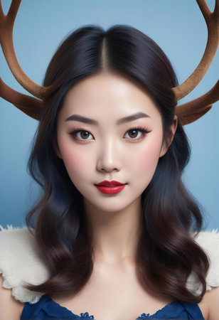 Portrait of beautiful asian woman with reindeer antlersの素材