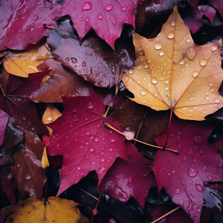 Colorful autumn leaves with water drops after rain. Natural background.の素材