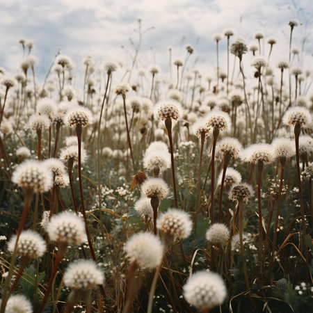 Field of dandelions on a background of blue sky with cloudsの素材