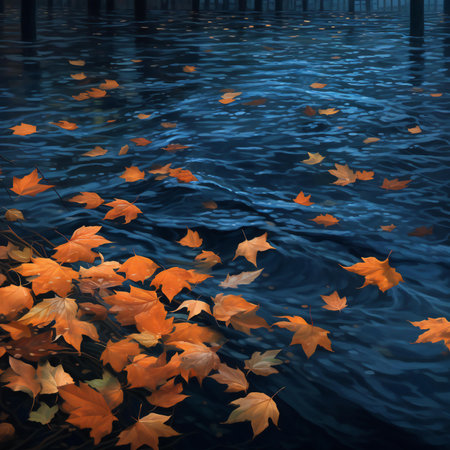 Autumn leaves on the water in the forest.の素材