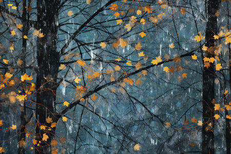 Abstract autumn forest landscape with fog and falling leaves. Digital painting.の素材