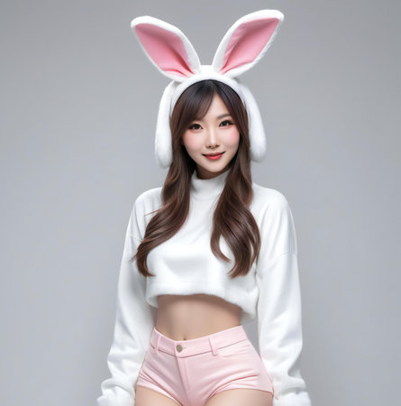Portrait of a beautiful asian woman with easter bunny ears isolated on white backgroundの素材